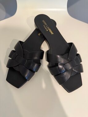 Saint Laurent Black Braided Leather Slide Mules